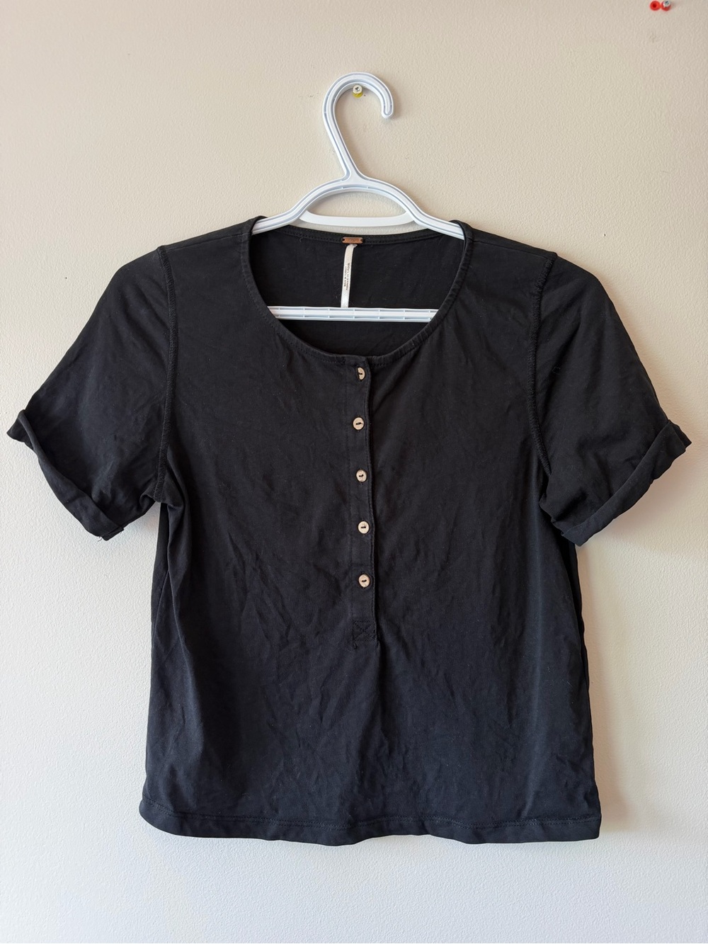 Free People Black Short-Sleeve Button Front Tee